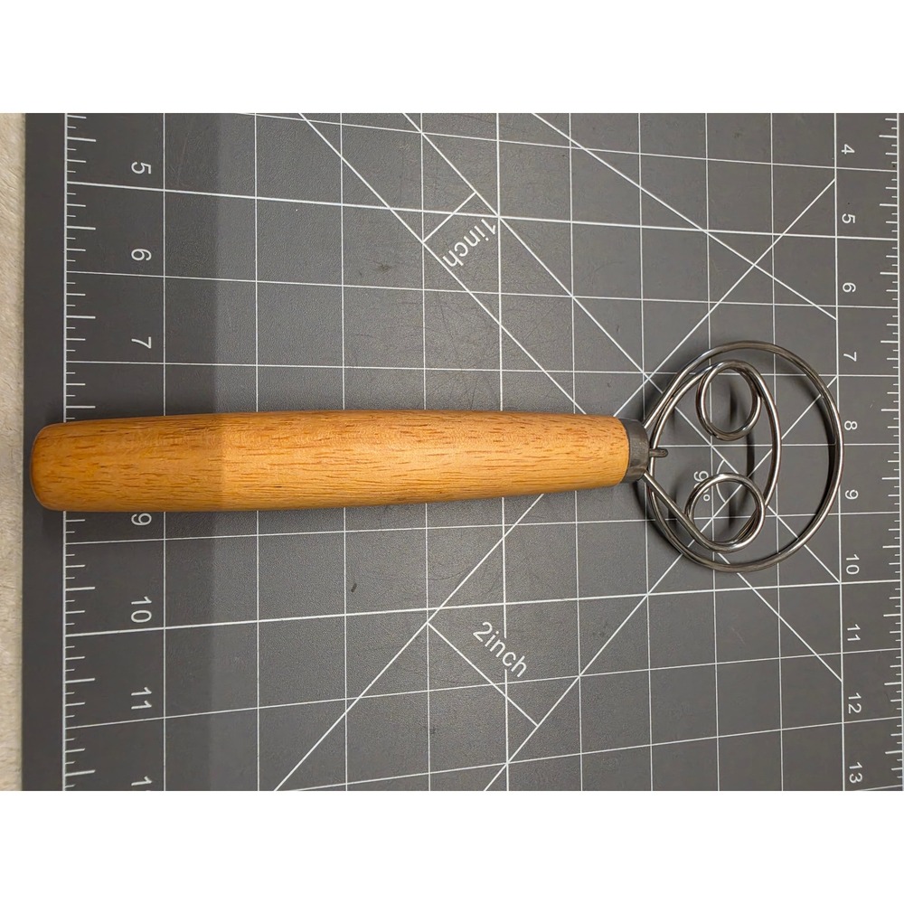 Danish Dough Whisk Stainless Steel Triple Loop Bread Mixer Wooden Handle 11.5 in